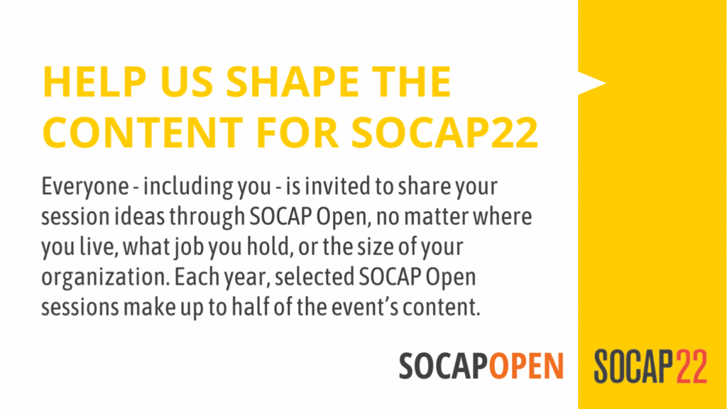 SOCAP Open graphic inviting everyone to submit ideas between June 8 and July 7