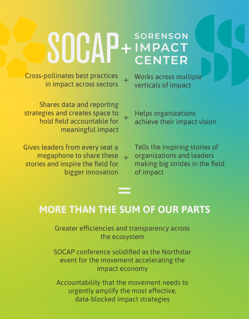 A short list of the ways SOCAP and Sorenson Impact Center's specializations will have an outsized positive impact.
