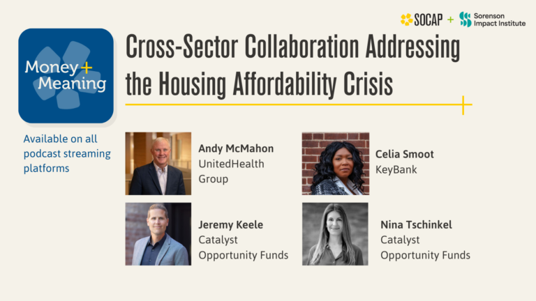 housing affordability money and meaning podcast graphic featuring four speakers