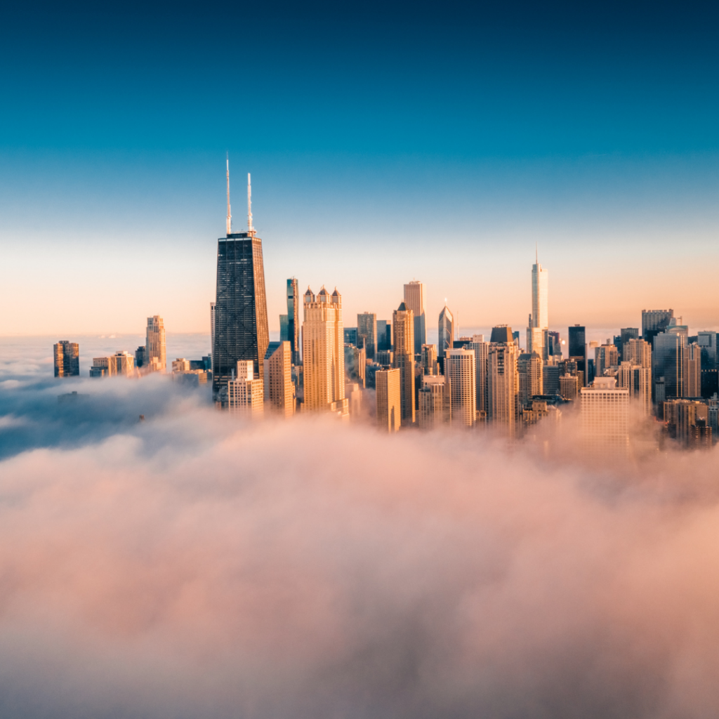 Chicago skyline seen through the fog off the lakefront