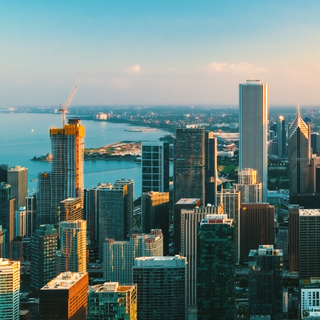 Chicago skyline with waterfront in background